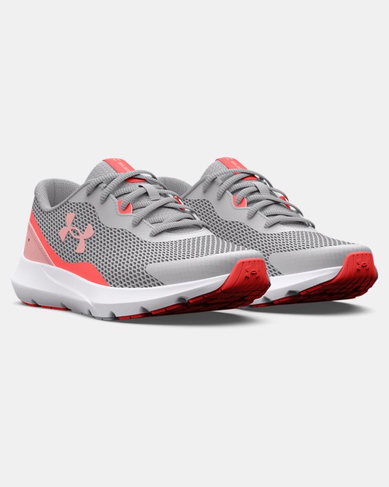 Girls' Grade School UA Surge 3 Running Shoes in Gray image number 3